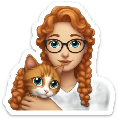 a pretty girl with curly copper hair and blue glasses hugging a cat sticker