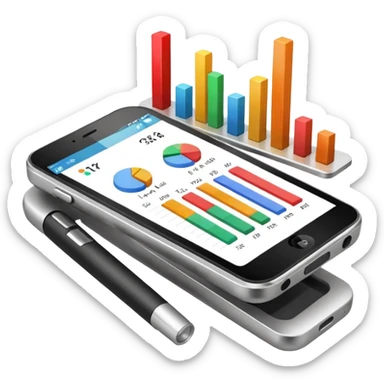 Photorealistic emoji of a compact device (handheld scanner) made of matte metal and glass. The bright, slightly reflective screen shows small colored bar charts/heatmap icons and language codes (EN, DE, 中文, العربية) plus a tiny analytics chart.  sticker