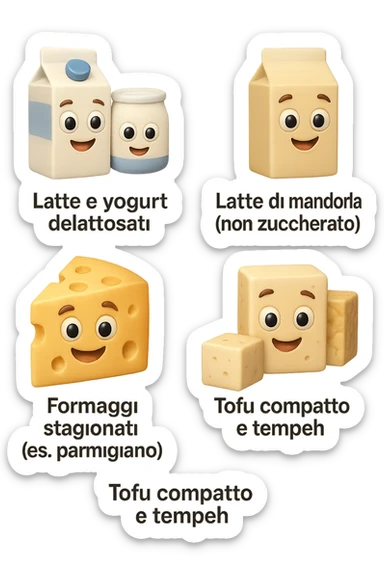 emoji stile iphone 3d di questi elementi che fluttuano in aria:

Latte e yogurt delattosati
Latte di mandorla (non zuccherato)
Latte di soia da proteine isolate
Formaggi stagionati (es. parmigiano)
Tofu compatto e tempeh
 che fluttuano in aria,  le etichette scrivile in italiano, iperealistico 4k sticker