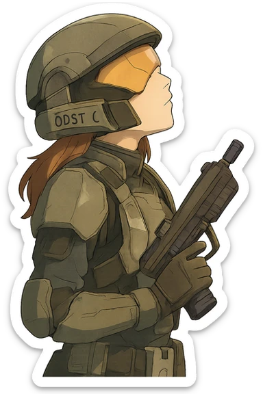 A female odst, right shoulder profile, helmet on, looking up to the sky, holding their trademark suppressed smg at ease sticker