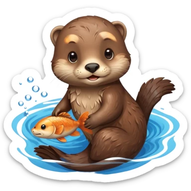 adorable otter floating on clearly visible blue water with waves, holding a fish sticker