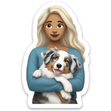 Light skinned woman with medium length blonde hair cuddling with blue Merle Australian shepherd  sticker