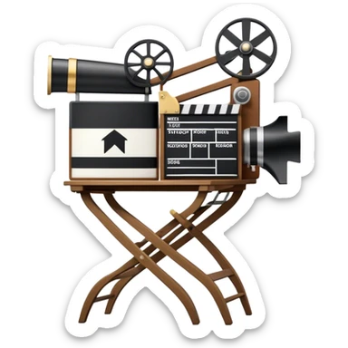 Icon for Directing: a director's chair, a film clapperboard, large movie camera, vintage megaphone and a stage with a spotlight. The icon should represent the creative and organizational aspects of directing, with focus on storytelling, staging, and performance. Transparent background. sticker
