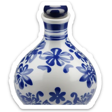 The Clase Azul Tequila bottle is tall and hourglass-shaped, with a wide base that tapers towards the neck. Its white ceramic body is decorated with cobalt blue floral designs, and it’s topped with a complete gray, bell-shaped stopper that curves inward  sticker