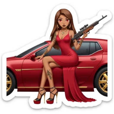Lilith tan skinfemale red eyes symbol. Tattoo arms. Her hair is brown straight long hair.wearing sexy long ruby covered dress with slit. black stiletto thick platform high heels shoes on. Sitting on gold giant luxury car with cash on her. She is holding a sniper rifle in one hand cash in other hand sticker