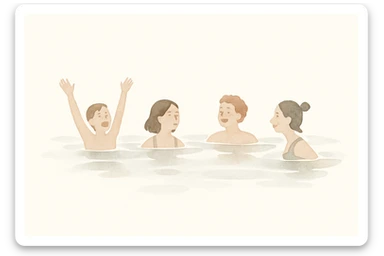 A group of friends swimming in a lake, joyful, soft watercolor style sticker