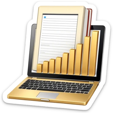 Icon for Business Reading: a prominent book at the forefront, laptop and notepad around it, along with a bar graph. The icon should represent the knowledge and strategy of business literature. Transparent background. sticker