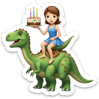 Fairy with brown hair riding a dinosaur presenting a birthday cake sticker