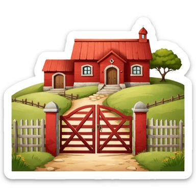 A fenced red house on a small hill with a large entrance gate bearing the inscription “Gosteli Archive,” with a farmhouse in the background. sticker