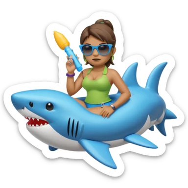 orc female sitting in an inflatable floatie shaped like a shark, wearing oversized sunglasses and a whistle on a neck cord, 2d sticker