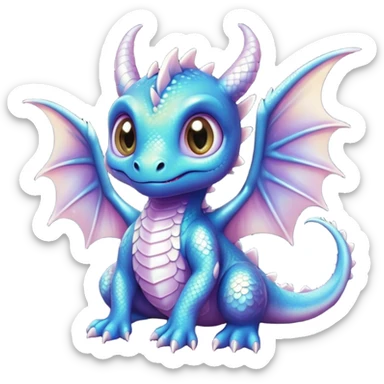Airbrush painted image of an adorable little baby dragon with large glistening eyes under a deep galactic sky with pearlescent scales and wings spread against the stars sticker