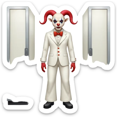 full-body demonic clown in a white leisure suit with bellbottom pants, bald, black ram horns, wearing elevator shoes sticker