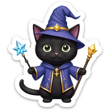 gatito negro con ropa de mago y varita mágica, ojos tiernos. sticker