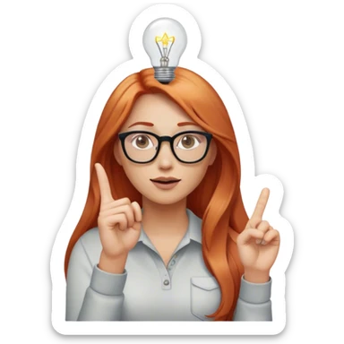 intelligent and clever, 30 year old, girl, long red-blond hair, glasses, has an idea and holds her finger in the air, light bulb over the head, casual cloth  sticker