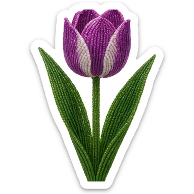 french beaded tulip, beaded flower art, shimmering seed beads, purple and white petals, green leaves, lifelike, no background sticker