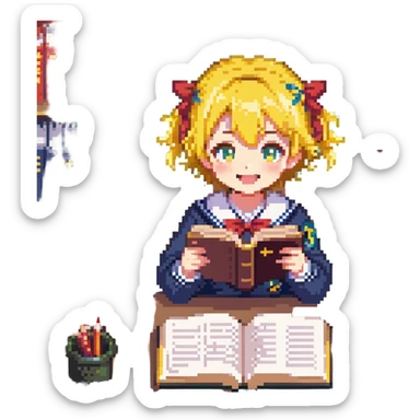 Pixel art anime girl with short bright yellow hair wearing Japanese sailor style school uniform, sitting at desk reading book but with excited smile, energetic studying pose sticker