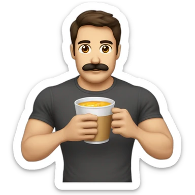 Señor rubio con bigote y café y tortilla española en las manos con una camiseta que pone siboney y cara de enfadado sticker
