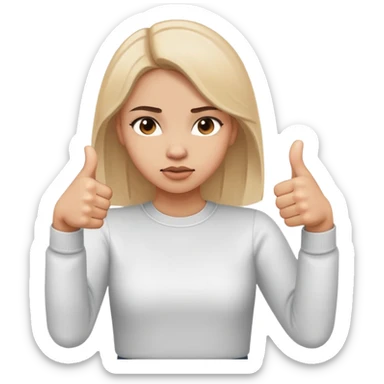 Girl showing conflicting opinions with one hand giving definite thumbs up and other hand giving definite thumbs down, uncertain facial expression sticker