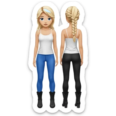 Blonde woman balayage  With highlights long hair half braids women with blue eyes wearing White Spaghetti top and black Leggins and Boots with heels sticker