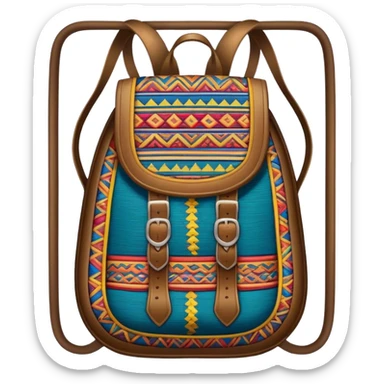 Cinematic Realistic image of a traditional Colombian mochila, rendered with detailed woven textures and vibrant patterns, set against a rustic backdrop with soft, cultural lighting sticker