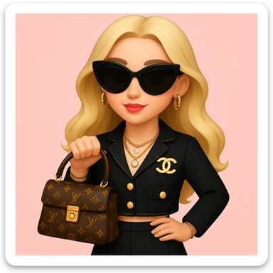 Add stylish black sunglasses and gold jewelry including earrings and a necklace to the girl. Keep the pink background and outfit unchanged. Maintain the original style and details of the girl while adding these accessories. sticker