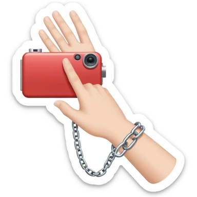 Minimalist emoji-style sticker of a human hand bound by a chain leading to a video camera. Icon-like, clean silhouette, muted tones. sticker