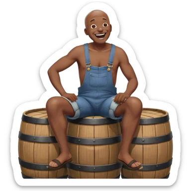 Side view Laughing telling story Old bald black man sitting on top of barrel wearing overalls no shirt sticker