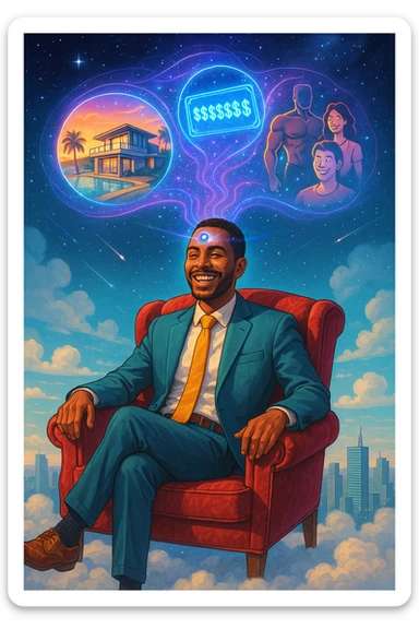 Un uomo sorridente e radioso, in abito elegante ma rilassato, seduto su una poltrona di velluto rosso fluttuante nel cielo sopra una città moderna. Dal suo terzo occhio (sulla fronte) si sprigiona un ologramma cosmico che mostra le sue visualizzazioni: una villa sul mare, un conto bancario con cifre infinite, un corpo atletico e persone felici intorno a lui sticker