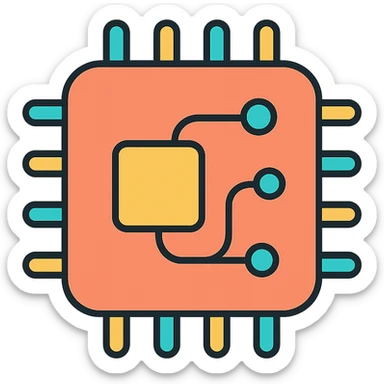 Modern rounded CPU processor chip with curved corners and sleek design. Simple circuit pattern inside, no text, designed as a colorful app icon sticker