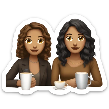 puerto rican woman light skin with shoulder-length, wavy, brown hair drinking latte with Italian florentine woman with black, straight hair drinking espresso at table sticker