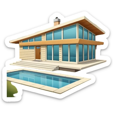 midcentury modern house with 1000 sqft and all windows and a sliding windows on corner. With overhanging shade and slats. sticker