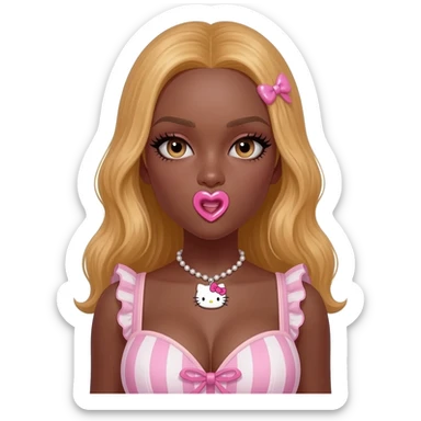 heart shaped lips, cute glossy lips, doll eyes with long lashes, dark brown skin, honey blonde hair, big chest, hello kitty necklace, one bow clip, bimbocore outfit sticker