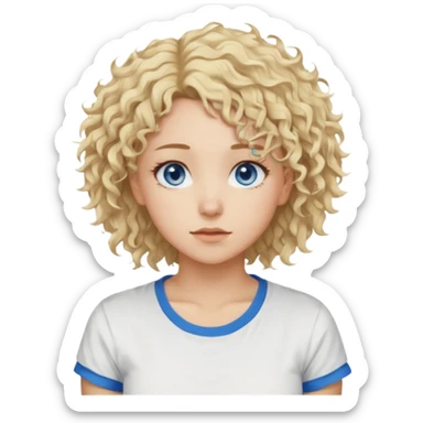 This is a 2D digital anime-style portrait of a female, caucasian, 29 years old light skin. The person has messy stray blond curly hair, round blue eyes.  sticker