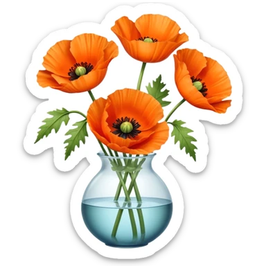 three big realistic orange poppy flowers in a clear vase with clear water sticker