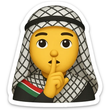 emoji of a person signaling silence ('shh'), wearing a kufiya scarf, with the Palestinian flag colors subtly present in the scarf pattern, simple, clear sticker