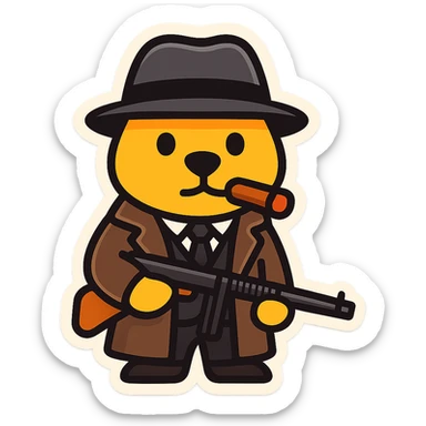Convert the tough anthropomorphic beaver gangster into a simple emoji version. Keep the fedora, cigar, trench coat, suit, and Tommy gun. Use a clean, minimal style with a transparent background, suitable for an emoji. sticker