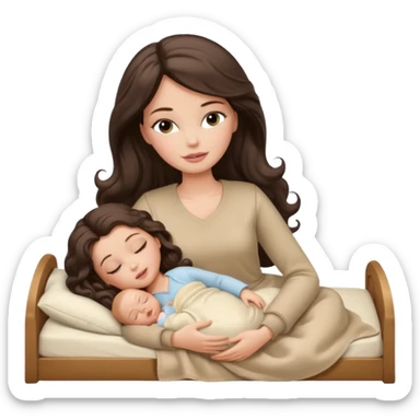 White Barbie girl dark brown long wavy hair in beige clothes sleeping with white baby at cream bed sticker