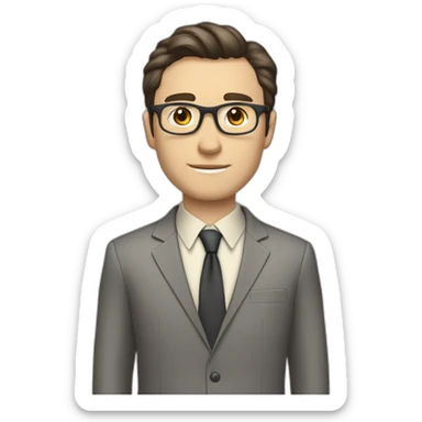 Full height Pale skinned Fit Man With dark brown hair in classic gray suit, beige office shirt, dark gray tie, and vintage glasses. His hands lock sticker