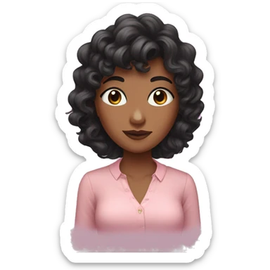 woman with long black curly hair and bangs and dark brown eyes, wearing a pastel pink blouse sticker