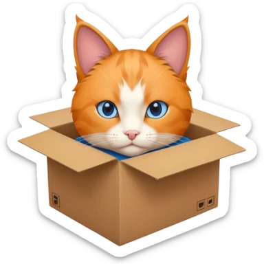 anime character cat that is orange cat, that its body is inside of a brown box. cats eyes are blue , but head is showing up. sticker