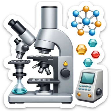 An icon featuring two-ocular electron microscope, a metal alloy, atomic structure symbols, a crystal structure. The design includes different materials like metals, ceramics and polymers, alongside a stamp representing testing and quality control. Transparent background sticker