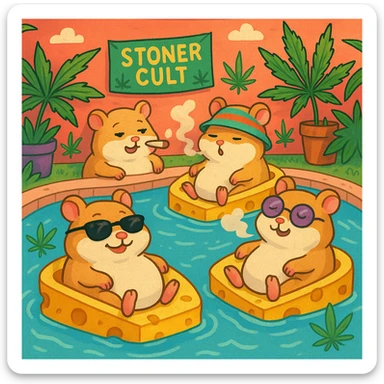 A pool party of hamsters with a stoner cult theme, weed leaves, cheese floats, and relaxed, silly expressions, colorful and quirky mood. sticker