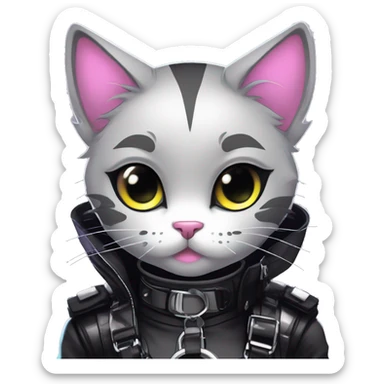Gorgeous edgy cute shiny epic punk magical gradient gothic dark techwear anime style anthro cat with blushing face aesthetic and pretty edgy black with collar and harness trending style sticker