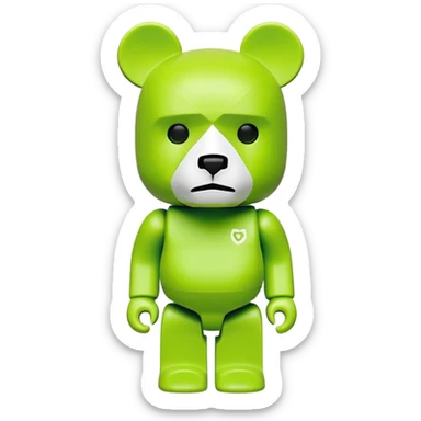 geometric bearbrick figurine with block-shaped head, lime green mask covering face except for prominent expressive eyebrows, iconic bear toy sticker