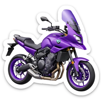 Créer un emoji avec une moto mt07 sport noir mate / violet iridescent très foncé, pare-brise de la moto violet. Avec une pilote dessus visière violet sombre visage caché . Avec fond arrière violet en arrière plan. sticker