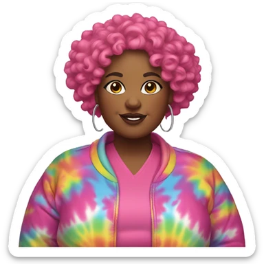 Plus size black woman with pink curly short hair and a tie dye jacket  sticker