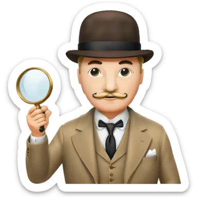 A cinematic-style frame showing Hercule Poirot in his iconic suit with a magnifying glass in a dramatic detective pose. Background should be mysterious city background and subtle clues like fingerprints or a crime scene. Transparent background. sticker