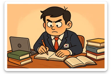 A South Korean high school student at a desk, surrounded by study materials, showing focus and perseverance, in a warm, uplifting style sticker