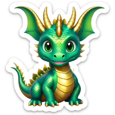 Cinematic Cute Dragon Portrait Emoji, Head tilted playfully and inquisitively, featuring a sleek, serpentine form adorned with iridescent scales that shift between emerald and gold, a delicate set of subtle horns, and round, sparkling eyes full of curious magic; rendered with realistic detail and warm natural light, high shine, affectionate and enchanting, styled with a touch of whimsical fantasy, soft glowing outline, capturing the essence of a mischievous yet lovable dragon that seems poised to slither playfully into your arms! sticker