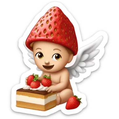 Little baby wearing a strawberry hat, with angel wings, eating tiramisu  sticker
